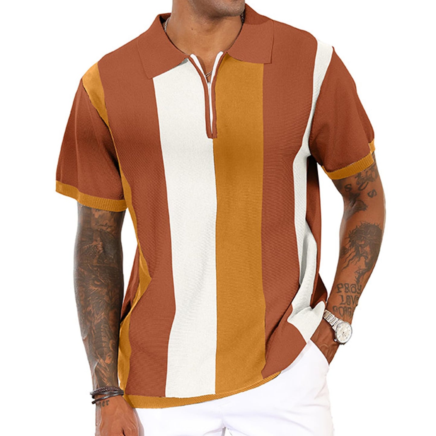 Men's Fashion Polo Shirts Vintage Striped Knitting Shirts Casual Slim Fit Golf Shirts Caramel
