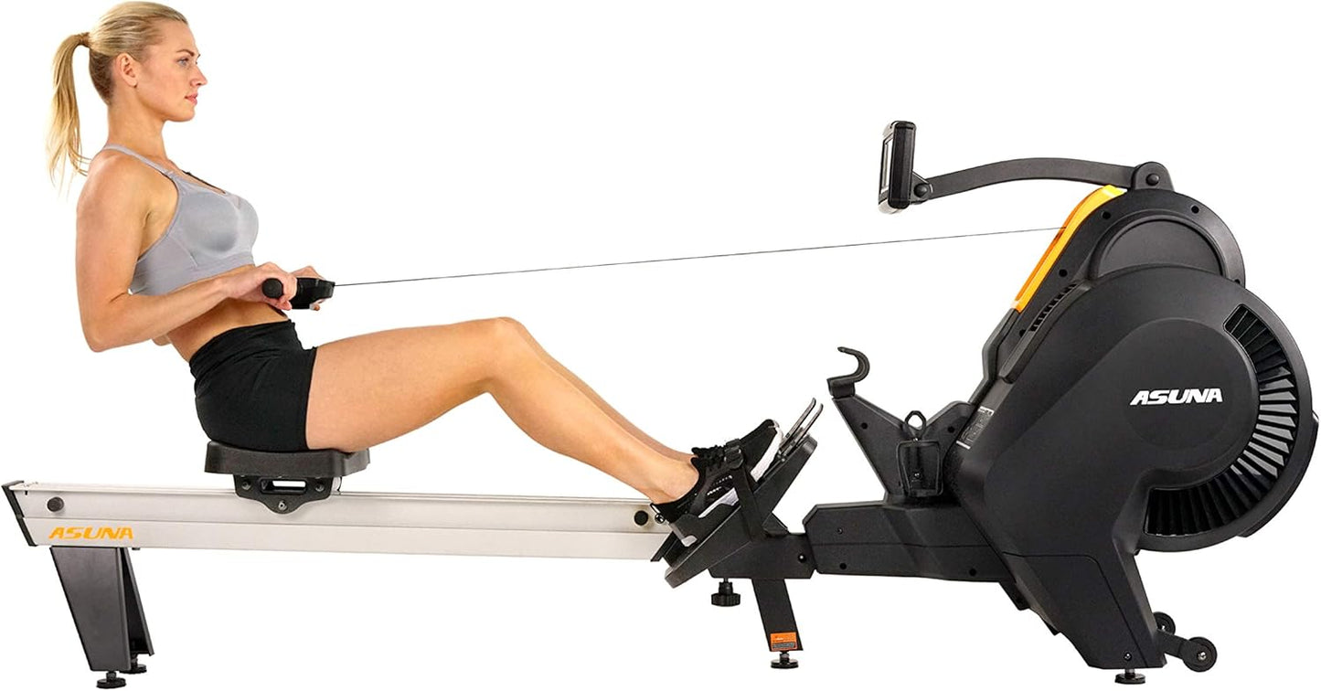 Sunny Health & Fitness Asuna Premium Air + Magnetic Rower Machine w/Extended Aluminium Slide Rail, Cardio Rowing Training Equipment for Home Gym Exercise w/Wide Cushion Seat & Performance Monitor