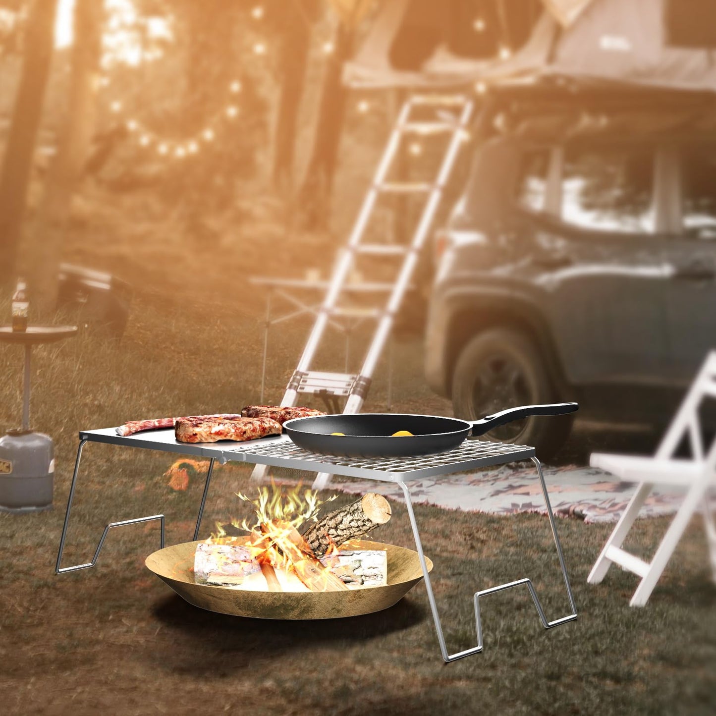 DPZM 24'' Folding Campfire Grill Grate, Heavy Duty Campfire Cooking Equipment For Compact Storage, Portable Camping Grates Over Fire Pit, Outdoor Campfire Grill And Griddle For Versatile Cooking