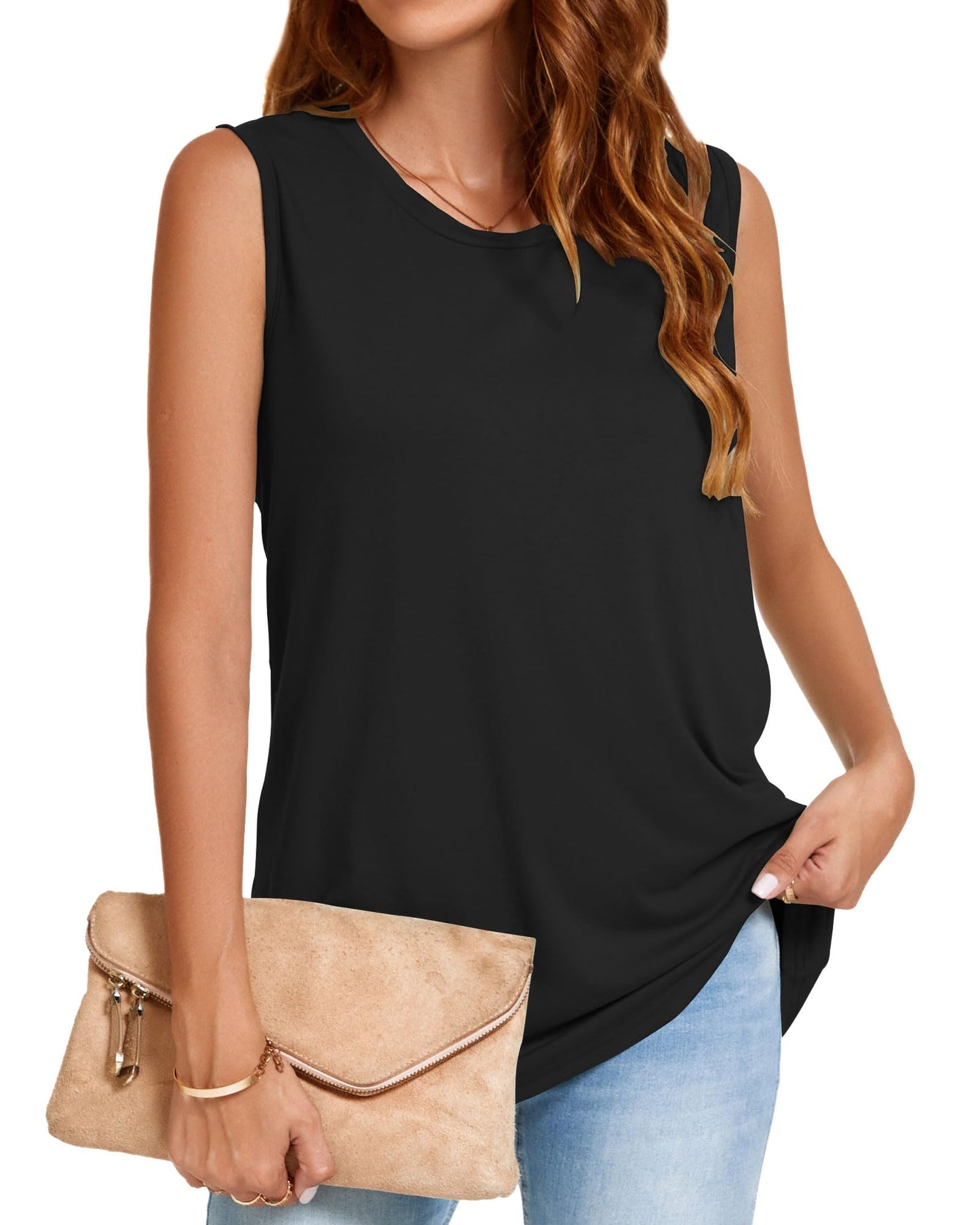 Tank Top for Women Crew Neck Sleeveless Summer Tops Solid Color Casual Loose Fit Dressy Tshirts(Black, M)