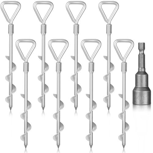 Gisafai 8 Pcs 12" Ground Stakes Heavy Duty Trampoline Stakes Ground Anchors Screw in Heavy Duty Tent Stakes with Drill Bit Metal Ground Anchors for Swing, Trampoline, Tents, Securing Animals (Silver)