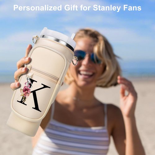 Water Bottle Holder with Strap for Stanley Cup 40 oz Tumbler with Handle, Personalized Initial Gift, Water Bottle Carrier Bag with Phone Pocket & Carabiner for Stanley Cup Accessories - Cream White A