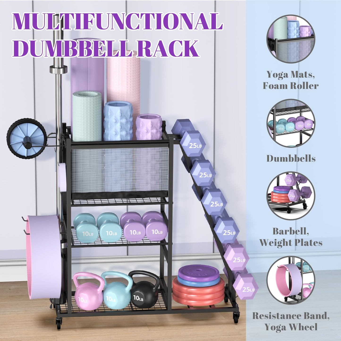 Mythinglogic Dumbbell Rack for Home Gym, Weight Rack for Dumbbells, Multifunctional Yoga Mat Holder for Barbell plates and Kettlebells, Home Gym Storage Rack with Casters