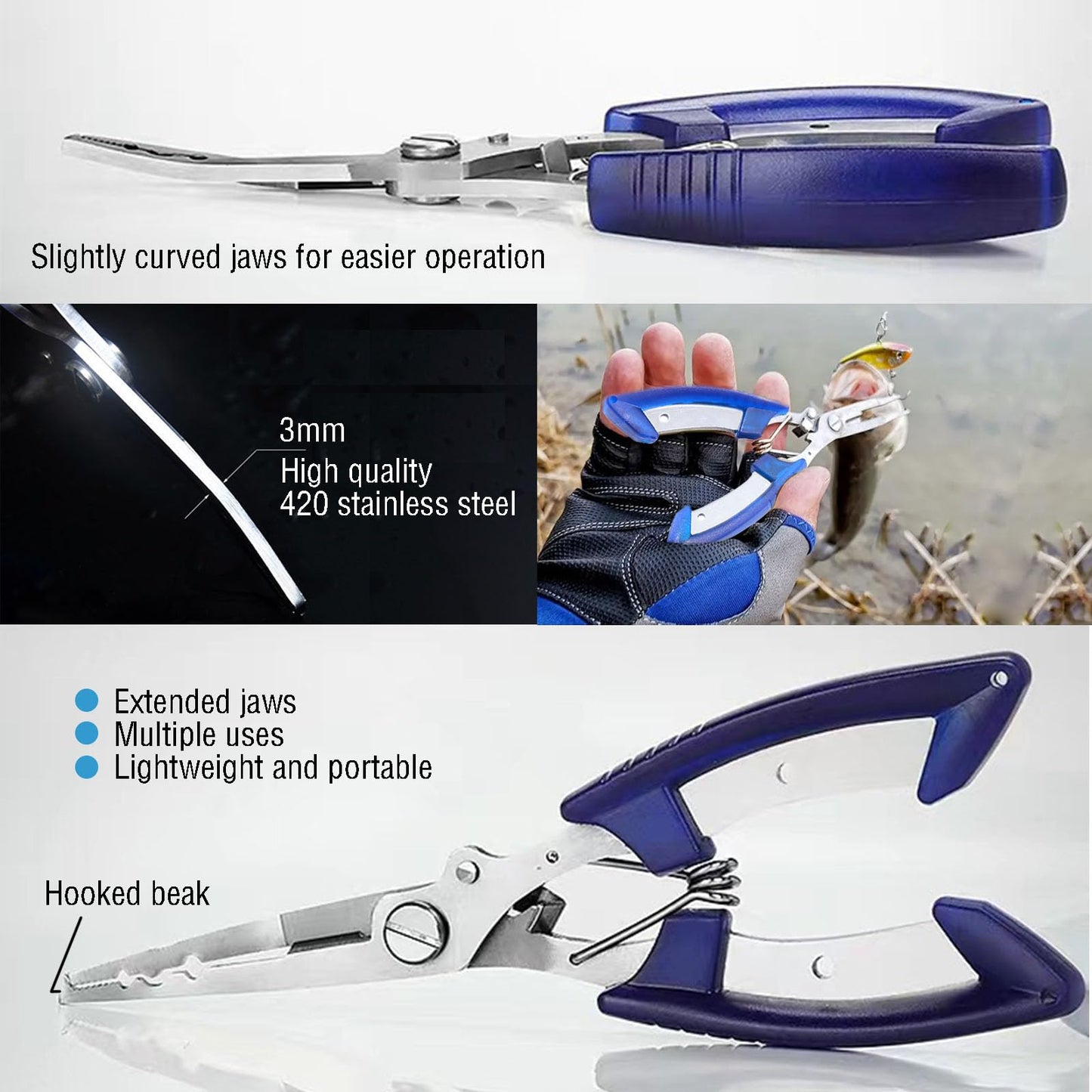 Fishing Pliers Long Nose Hook Remover 2 Multi-function Scissors Braid Cutters Lightweight Stainless Steel Fishing Tools Split Ring Opener Fish Gripper Gear Accessories