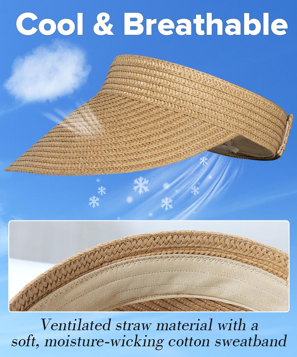EW EastWater Beach Sun Visor Hats for Women, Wide Brim UPF50+ Sun Protection Straw Hat Packable Foldable for Summer Khaki