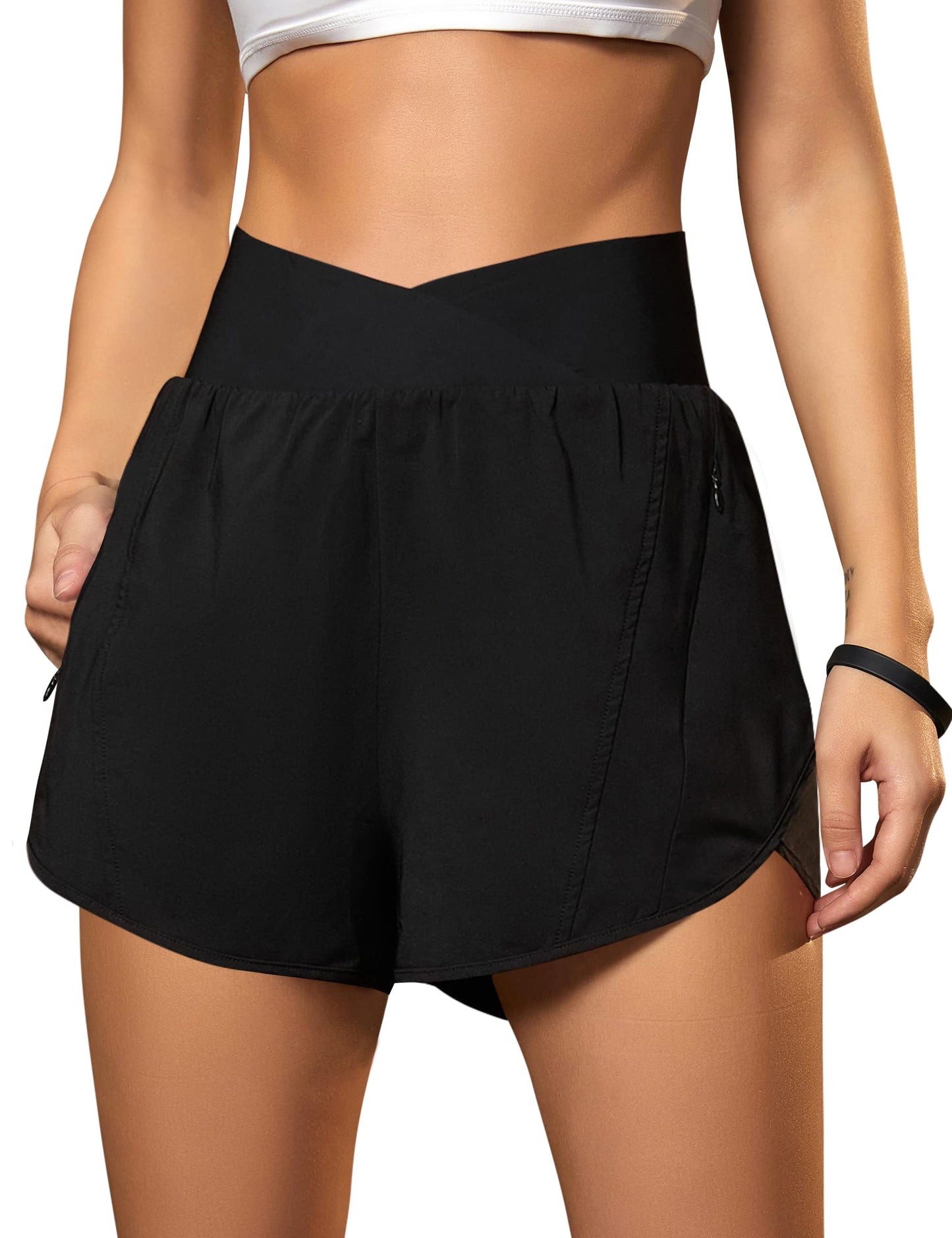 Blooming Jelly Women's Workout Shorts Athletic Running Crossover High Waisted Gym Sport Yoga Shorts with Zipper Pockets (Black with Yellow,Small)