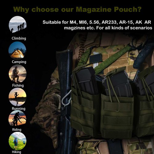 Tactical Mag Pouch, Triple Rifle Magazine Holster, Molle Pistol Nylon Magazine Holder with Quick Release Magazine Pouch Insert for with Adjustable Bungee Straps for Easy Carry and Use