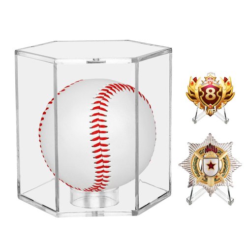 ELEGANTLIFE Baseball Display Case UV Protected Acrylic Clear Hexagon Baseball Holder for Tennis Balls,Coins,Memorabilia,with 1 Ball and 2-Coin Racks for Official Size Ball (Hexagon 1 Pack)