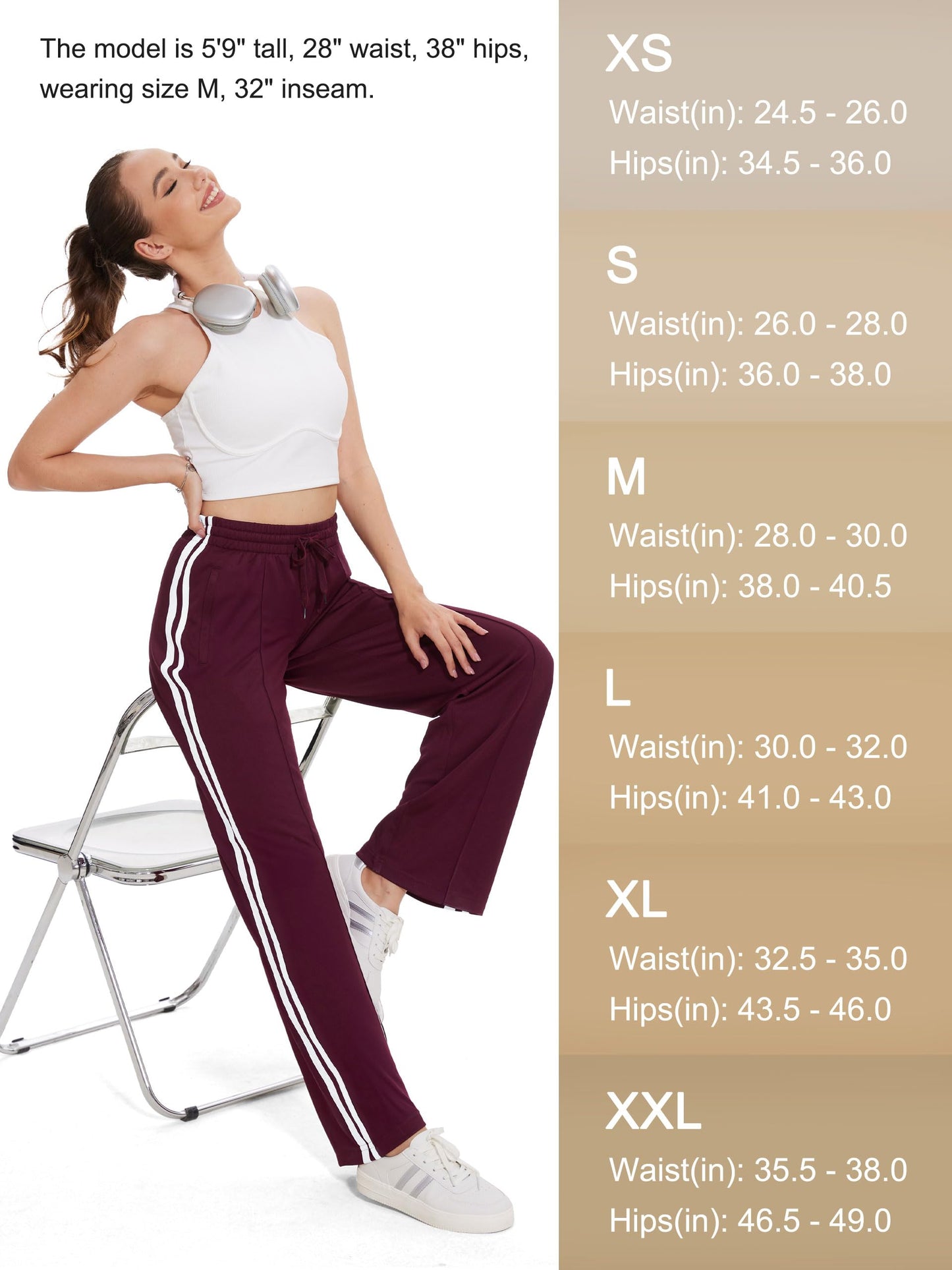 Tapata Women's 28" Inseam Petite Track Pants Loose Straight Leg Jogging Sweatpants Warm-Up Sports Athletic Running, Burgundy, S