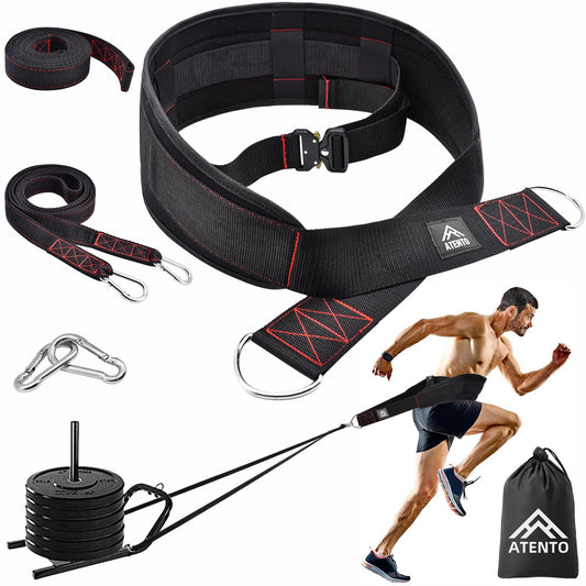 ATENTO Sled Pulling Belt, Adjustable Closure Sled Training Waist Belt,Weight Sled Pull Belt for Tire or Sled Pulling, Squat,Leg Muscles Strength Training, Agility, Resistance Training, Core Power Workout, Belt for Pulling with 2 Pulling Straps & 4 Hooks I