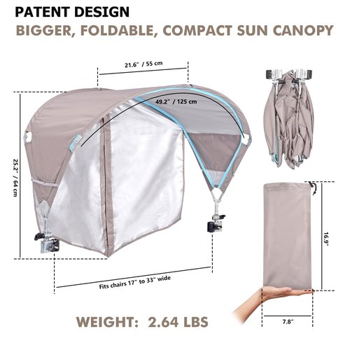 Universal Chair Umbrella Canopy, UPF 50+ Sun Shade with Adjustable Clamp, Fits Most Brands’ Beach, Camping, Lawn, Tanning, Zero Gravity, Lounge & Fishing Chairs