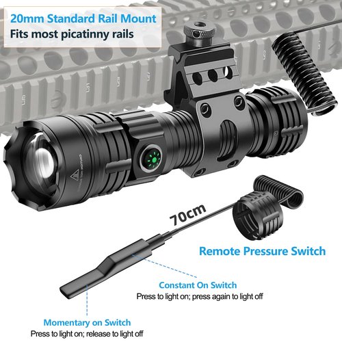 WINDFIRE Picatinny Tactical Flashlight Rechargeable LED Weapon Lights Super Bright 3 Modes 250 Yards Long Range Flashlights Rifle Light with Rail Mount, Remote Pressure Switch