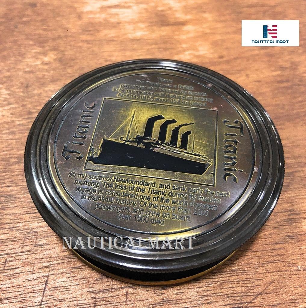 Brass Pocket Compass Marine Titanic Antique Style Engraved Romantic Gift Ideas for Him/Her - Husband Gifts from Wife, for Men Maritime Nautical Compass Hiking Camping Hunting Trekking