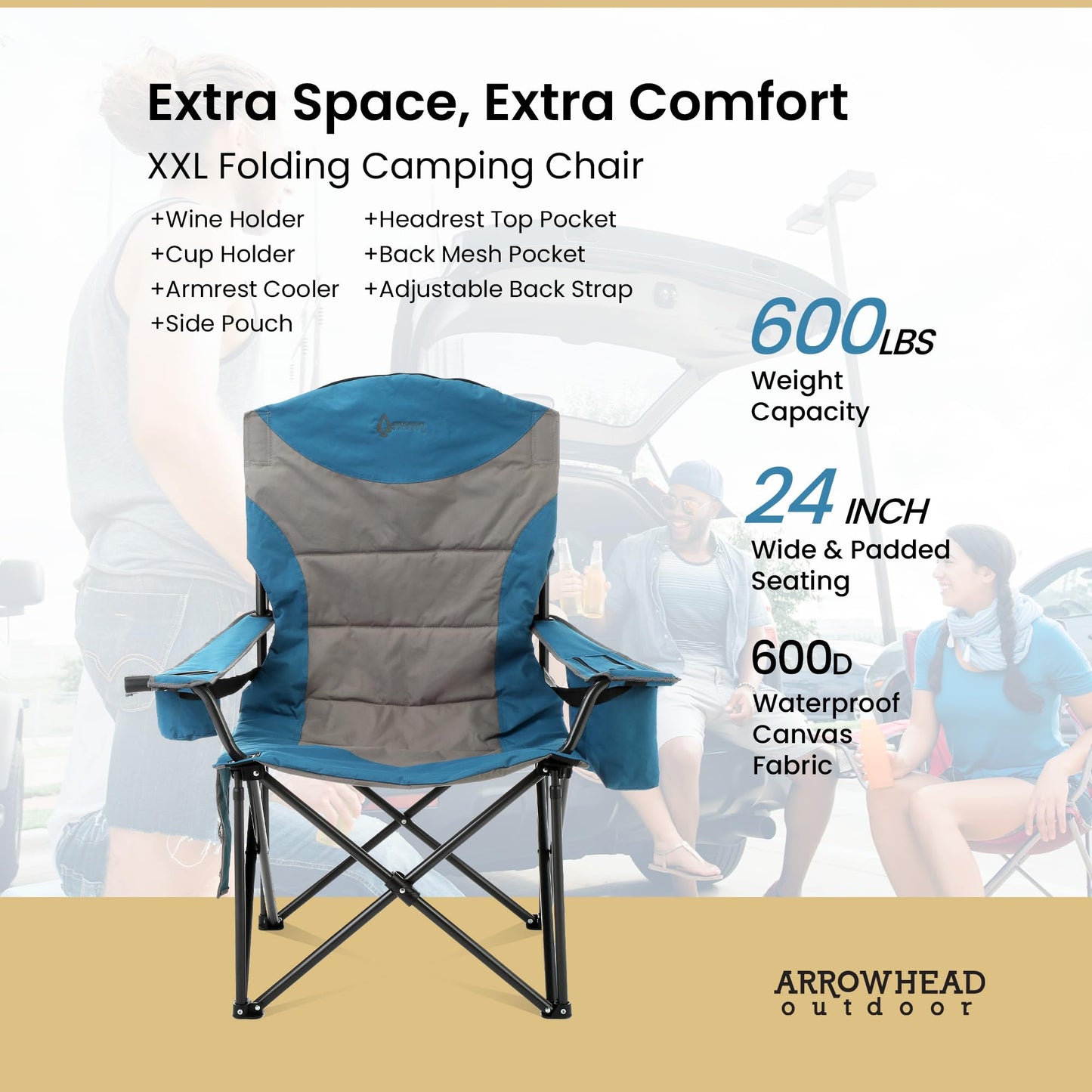 ARROWHEAD OUTDOOR Oversized XXL Portable Folding Camp Chair w/Glass & Cup Holders, Armrest Cooler, Heavy Duty Carry Bag, 600 lbs Weight Capacity