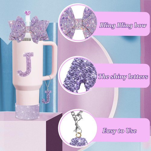 XIANGYUAN 5Pcs Stanley Cup Accessories Set,Letter Charm for Stanley Cups,Including Diamond Straw,Bow Straw,Sparkly Silicone Boot for Stanley Cup 30oz or 40oz(Purple J)