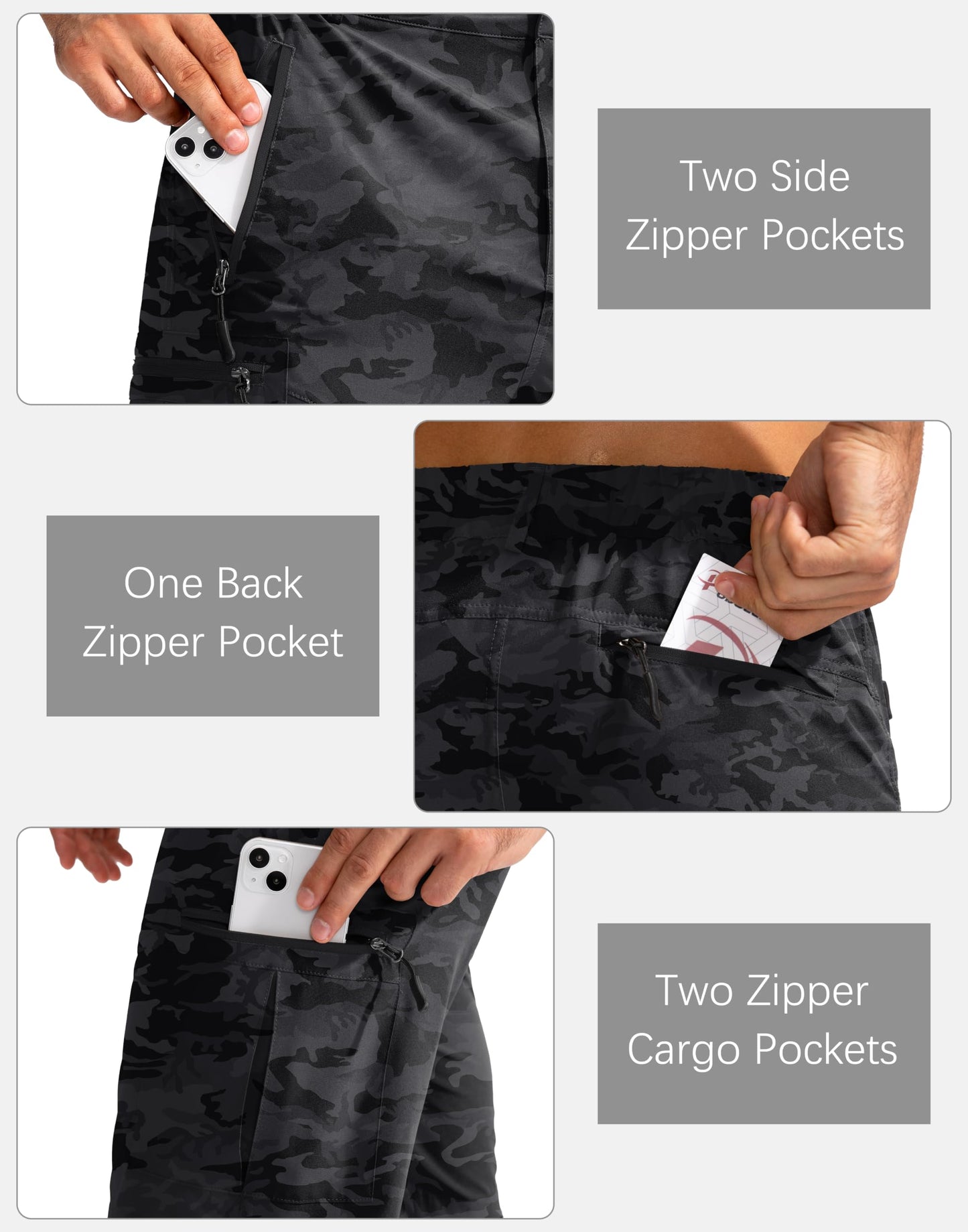 Pudolla Men's Hiking Cargo Shorts 9" Lightweight Outdoor Work Shorts for Men Travel Golf Camping Casual with 5 Zipper Pockets(Black Camo Large)