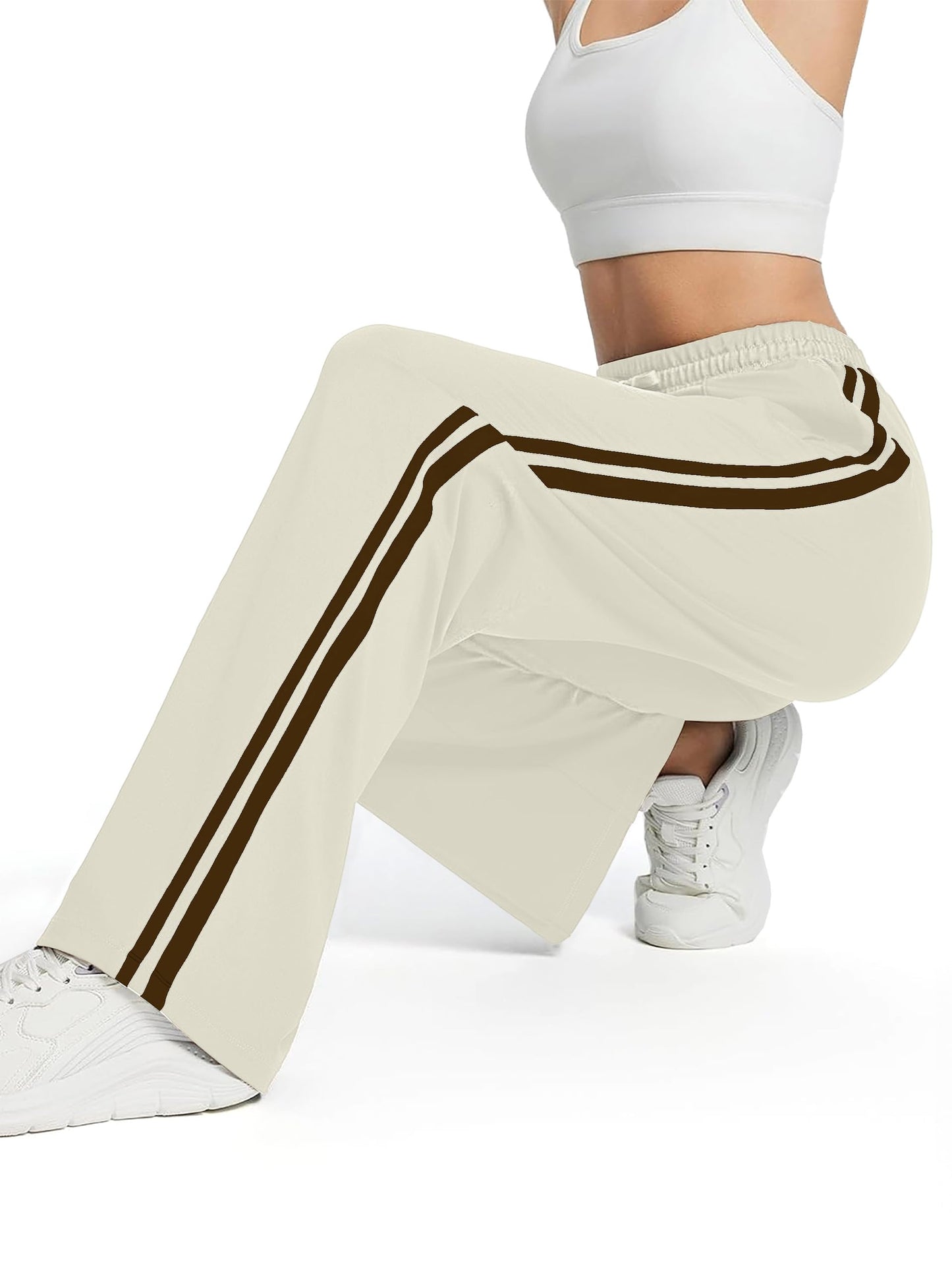 Tapata Tall Women's 34" Inseam Casual Pants Track Athletic Sweatpants Warm Up Loose Side Stripe Street Slacks, Beige, M