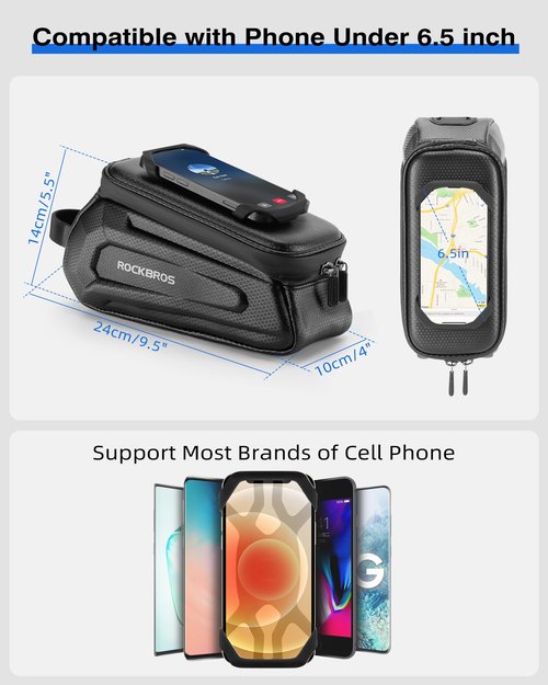 ROCKBROS Bike Bag Phone Holder Bag Bike Top Tube Bag Bicycle Frame Bag Waterproof Bike Bag Pouch Bike Accessories for Mountain Road Bike, MTB, E-bikes, Compatible with Phone Under 6.5"