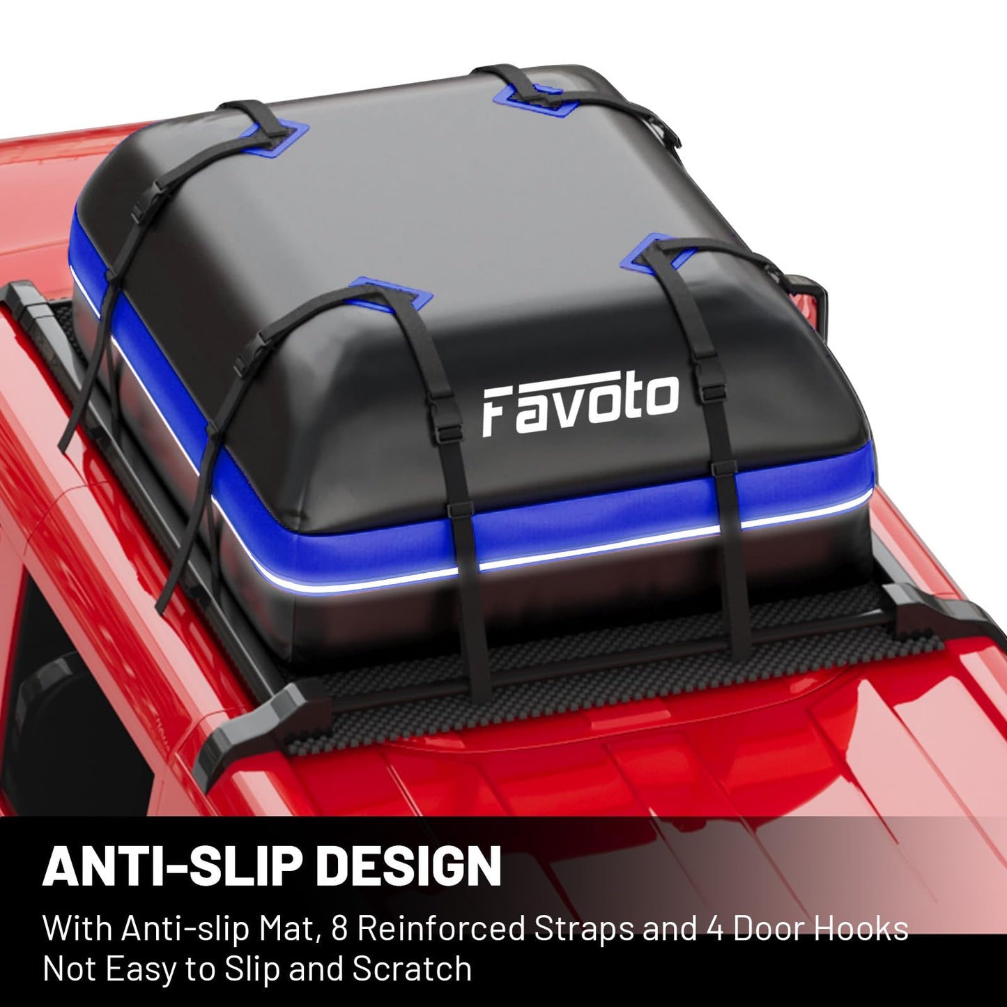 Favoto Car Roof Cargo Bag - 15 Cubic Feet Waterproof Carrier for Most Vehicles SUV/Sedan, 500D PVC Material with 8 Reinforced Straps & Anti-Slip Mat, Black & Orange, Black & Blue