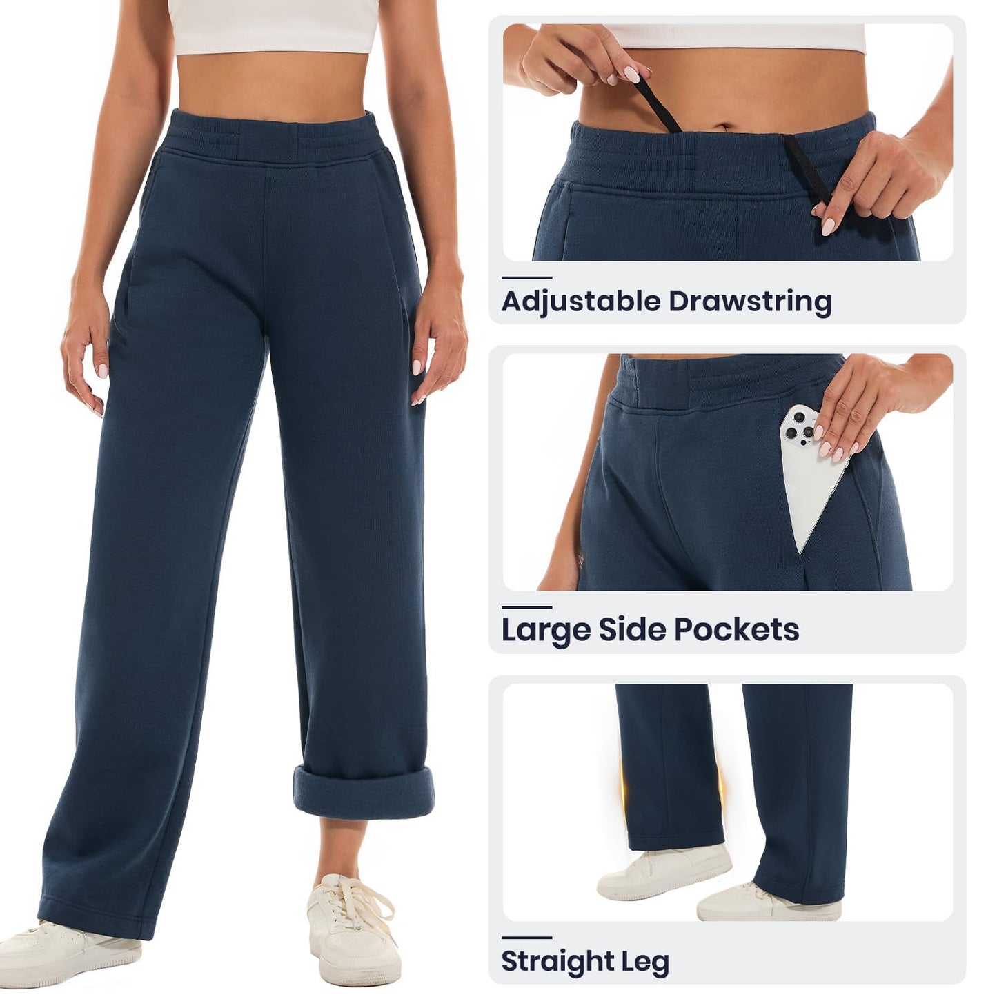 HOdo 32"/34" Inseam Womens Tall Sweatpants Fleece Joggers for Women Wide Leg Pants with Pockets for Workout Navy-34-M
