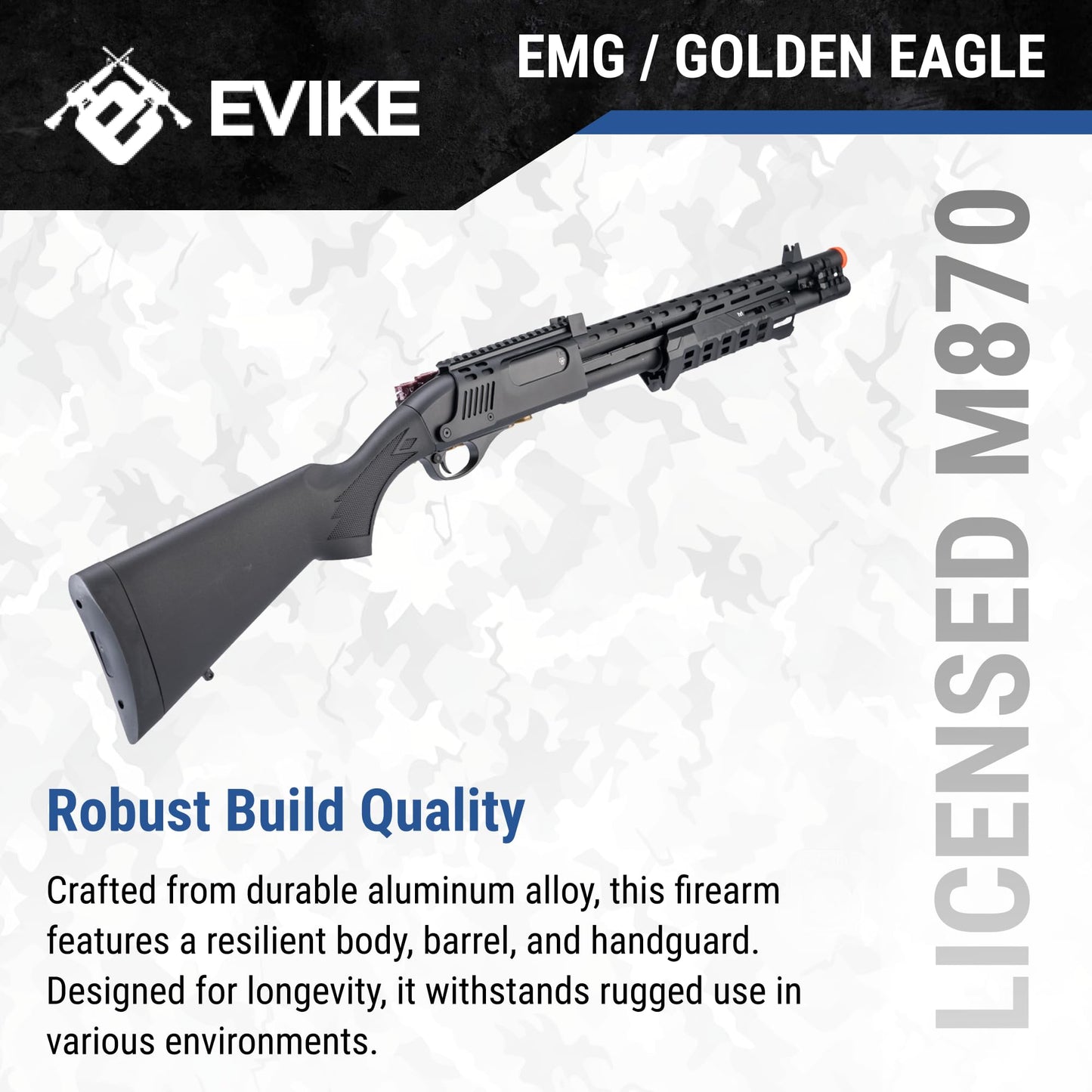 Evike Airsoft - EMG Strike Industries Licensed M870 Gas Powered Pump Action Airsoft Shotgun w/MLOK H-Guard by Golden Eagle (Color: Black)