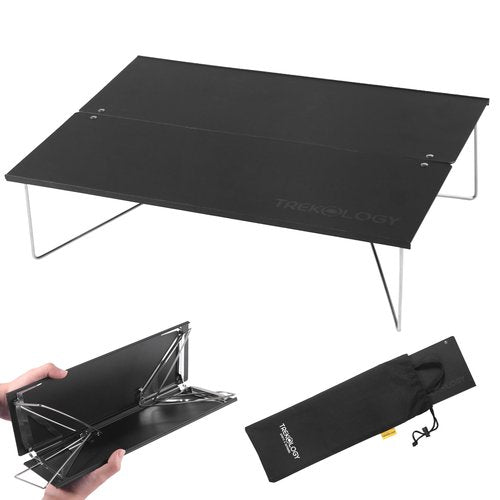 TREKOLOGY Compact Mini Camping Table – Portable, Ultralight, Folding Design – Small, Lightweight Surface for Hiking, Backpacking, Beach, or Nightstand Use – Collapsible Outdoor Gear (Black)