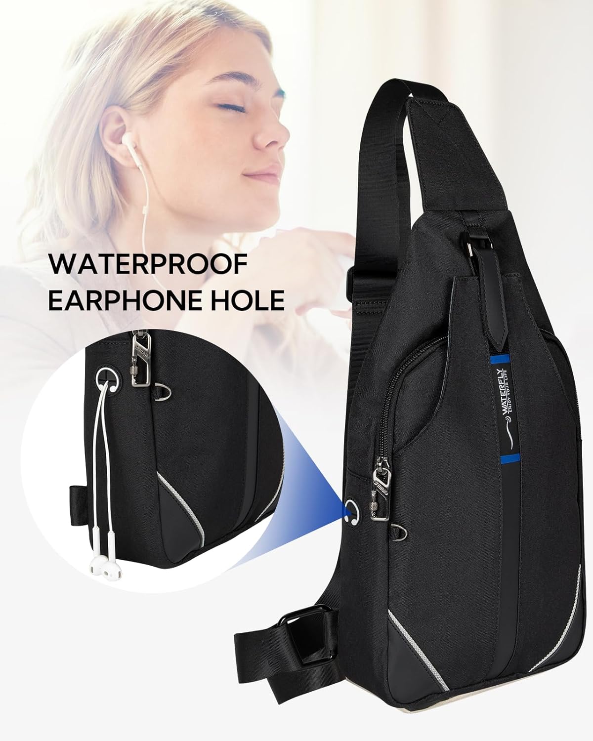WATERFLY Small Crossbody Sling Backpack Anti Theft Backpack for Traveling Chest Bags for Men&Women Multipurpose Casual Daypack Hiking Shoulder Bag (Black)
