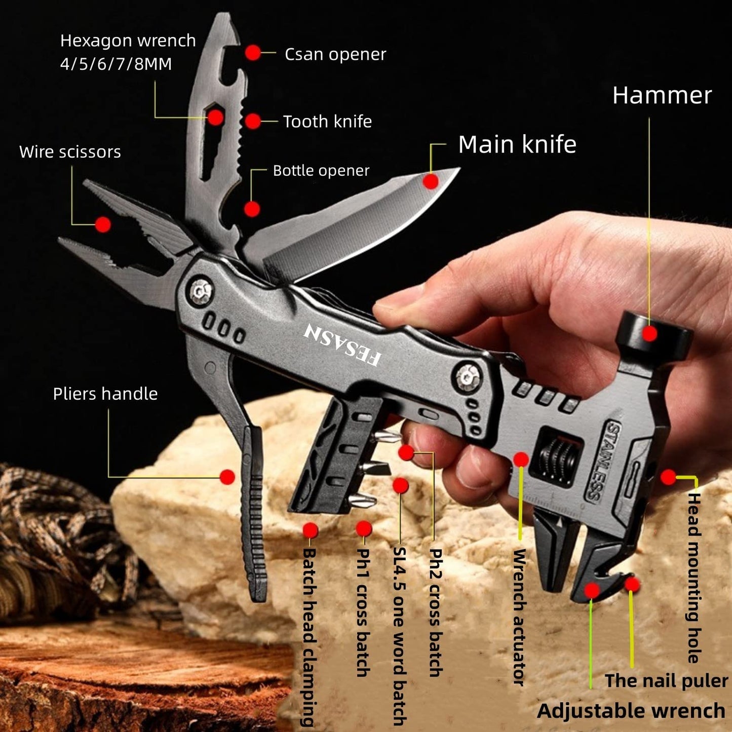 Fesasn Adjustable Wrench Multitool Hammer, 16 in 1 Pocket Multi Tool Pliers, All-in-One Survival Camping Multi Tool Apply to Home DIY, Survival, Camping and Everyday Use