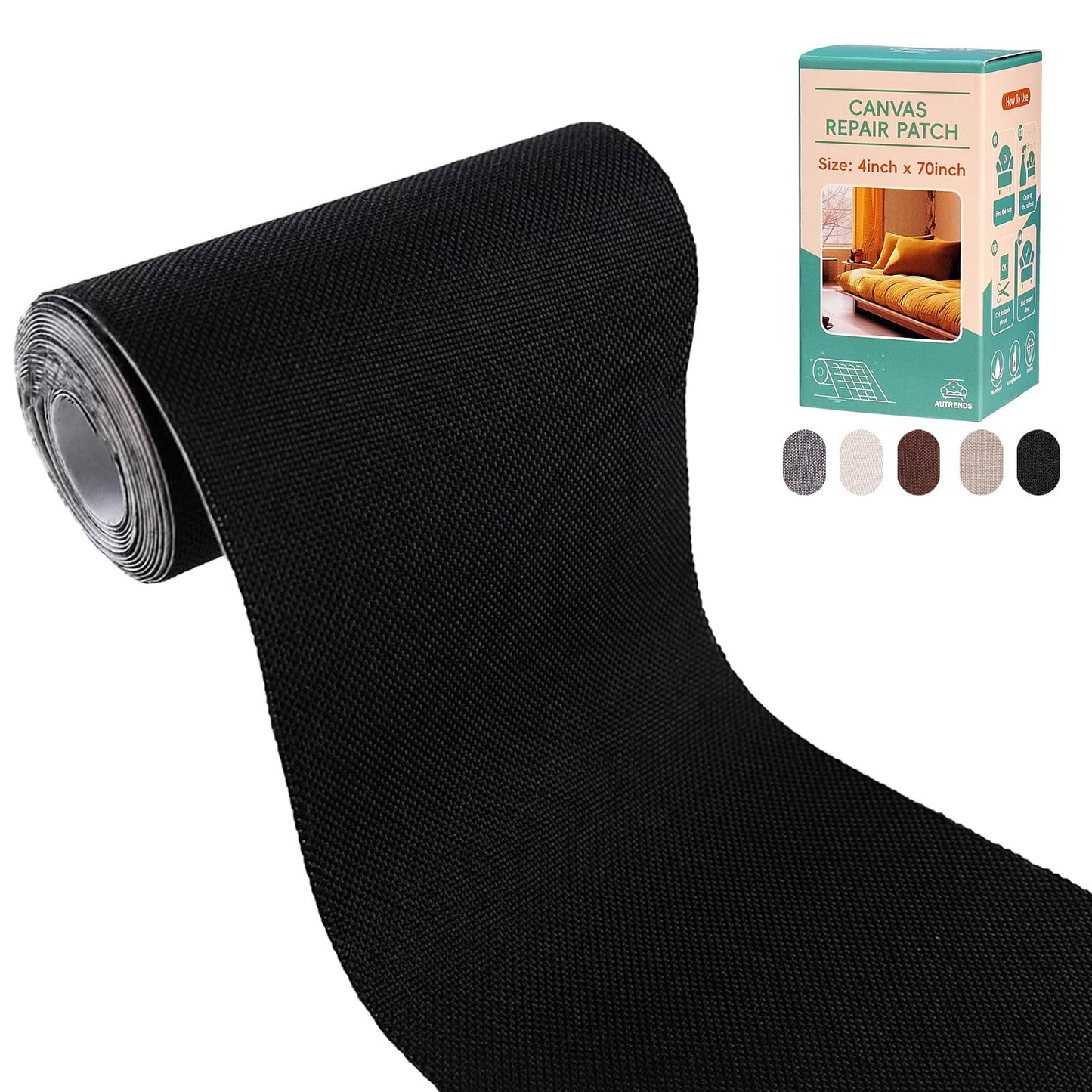 Autrends Canvas Repair Tape,Fabric Repair Patch,4×70 Inches,Outdoor Gear Patch, Waterproof,Self-Adhesive for Repairing Boat Covers,Tents,Sofas,Patio Umbrellas,Lounge Chairs,Awnings Black