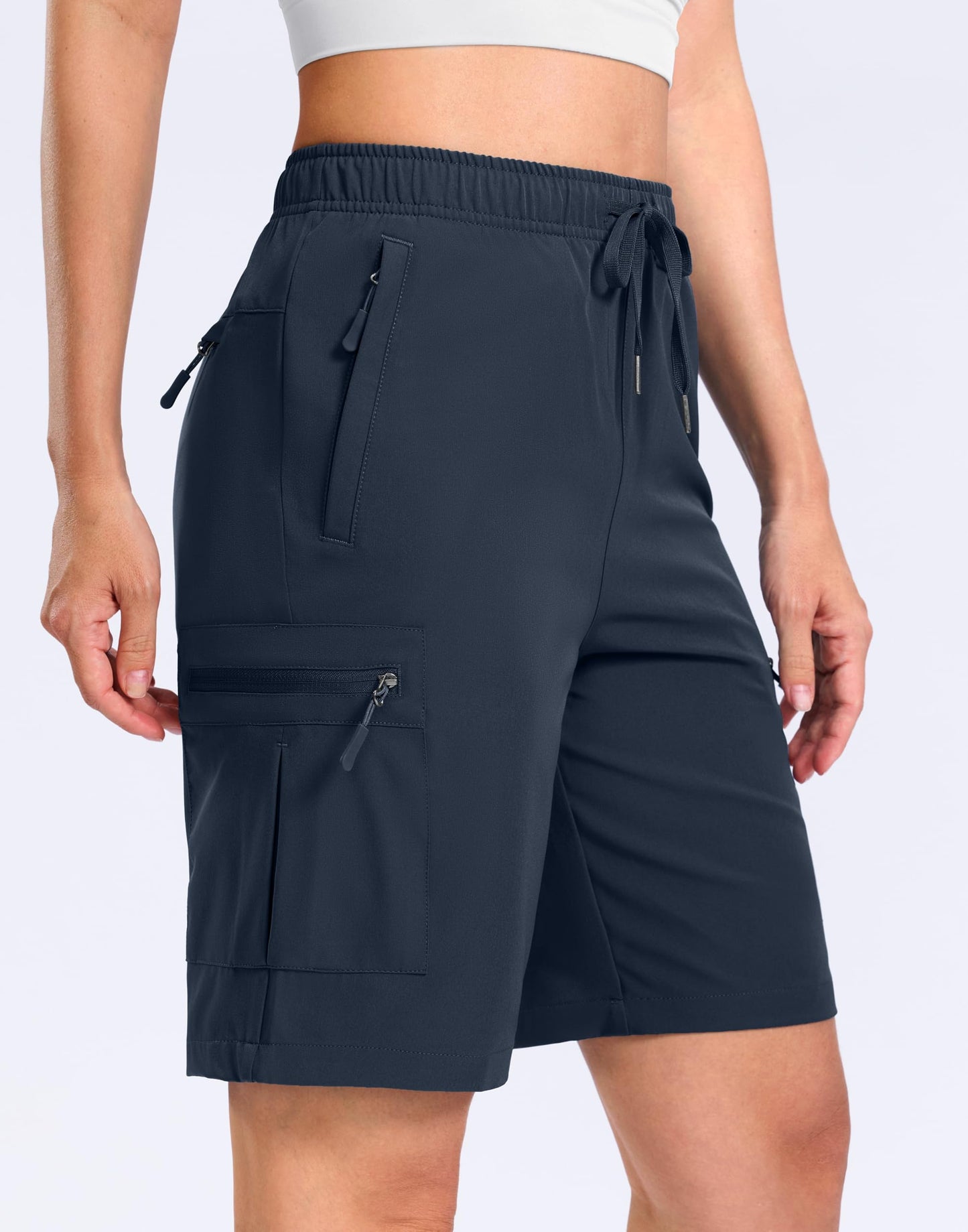 SANTINY Women's 7"/9" Lightweight Hiking Cargo Shorts with 5 Zipper Pockets Quick Dry Summer Long Travel Golf Short for Women (Navy_L)