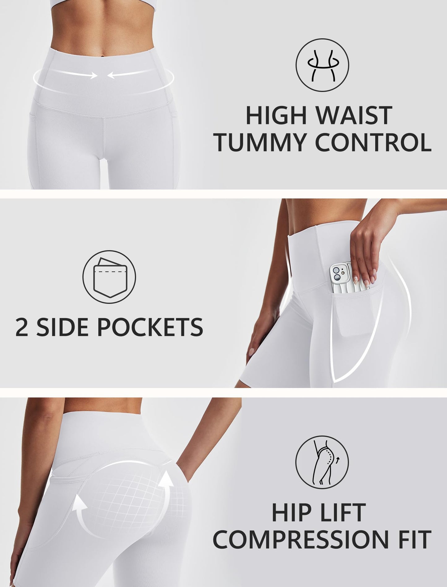 kakola Womens Biker Shorts Tummy Control with 2 Pockets High Waisted Hiking Workout Shorts White