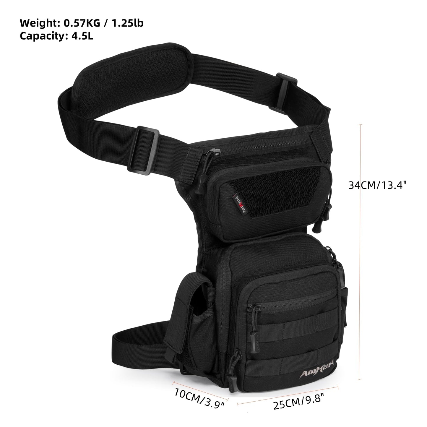 AMHEH Drop Leg Thigh Bag Hip Pouch 4.5L Black | Military, Tactical, Motorcycle, Bike, Cycling, Hiking, Outdoor, Adjustable for Waists Up to 59 Inches