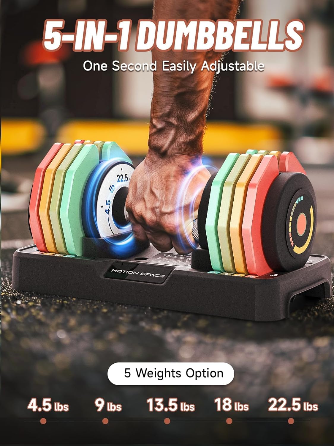 Adjustable Dumbbells Set 12.5LB/22.5LB Pair, 1-Sec Fast Adjustable 5 Weights by Turning Handle, Premium Comfort Non-slip Metal Dumbbells with Tray, Compact Size for Full Body Home Workout (Rainbow-Pair-22.5lbs)