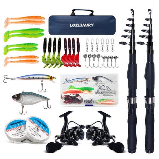 Fishing Rod Reel Combos, 2PCS 2.1m/6.89ft Collapsible Fishing Rods + 2PCS Spinning Reels + Fishing Lines Fishing Lures Carrier Bag, Telescopic Fishing Pole Set Sea Saltwater Freshwater Kit
