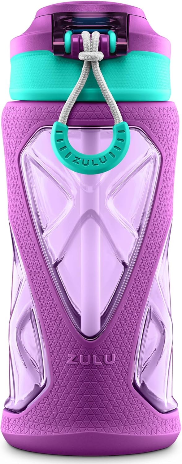 ZULU Torque 16oz Plastic Kids Water Bottle with Silicone Sleeve and Leak-Proof Locking Flip Lid