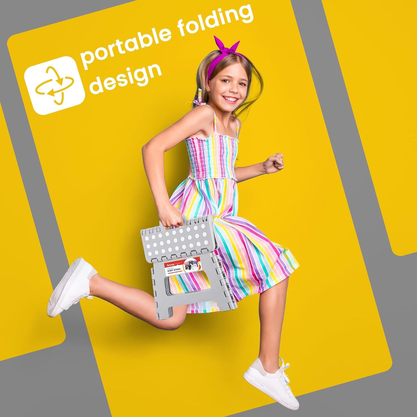 ACSTEP Folding Step Stool Foldable Stool 7.5 Inch Height Kids Step Stool, 300 lb Capacity Plastic Collapsible Stool, Stepping Stool with Handle Black Small Step Stool, Foot Stool Suitable for Kitchen