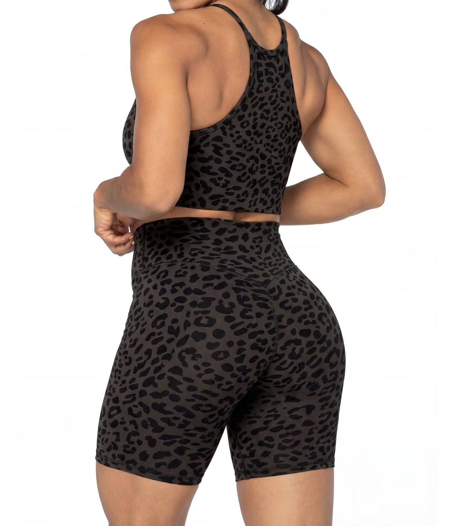 Sunzel 8" Waist Biker Shorts for Women No Front Seam Soft Yoga Workout Gym Bike Shorts Tummy Control Squat Proof Leopard Seal Brown X-Small