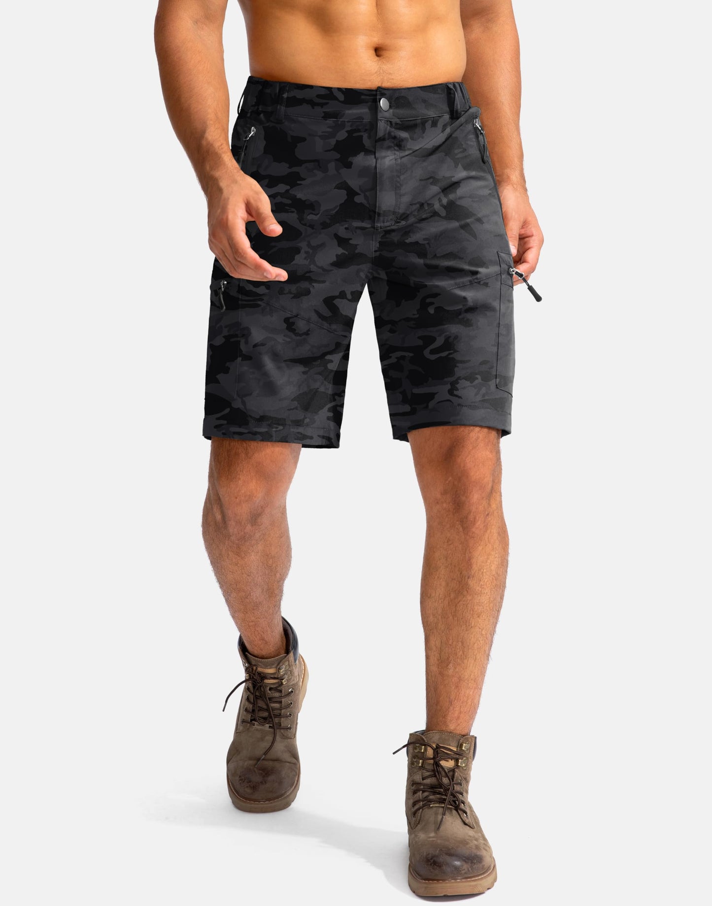 Pudolla Men's Hiking Cargo Shorts 9" Lightweight Outdoor Work Shorts for Men Travel Golf Camping Casual with 5 Zipper Pockets(Black Camo Large)
