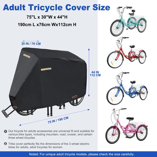 Tricycle Cover for Adult Bike,420D Heavy Duty Electric Trike Covers Waterproof Outdoor with 3 Wheel Lock Holes,Waterproof Strip,3 Windproof Buckles,Accessories Fit for Various 3 Wheel Bike Types