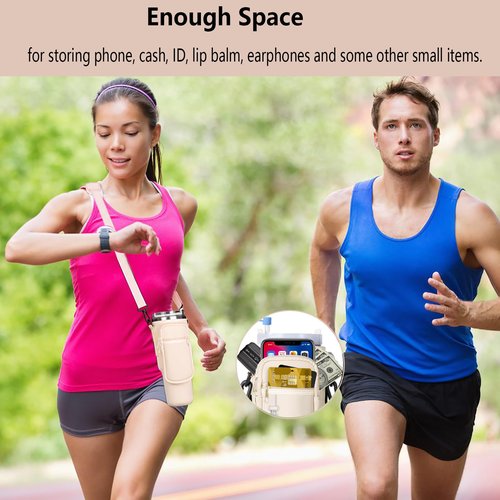 ZMD Water Bottle Carrier Bag With Phone Pocket, 40 Oz Water Bottle Holder Pouch With Adjustable Strap Cup Accessories for Hiking Travelling Camping, Beige