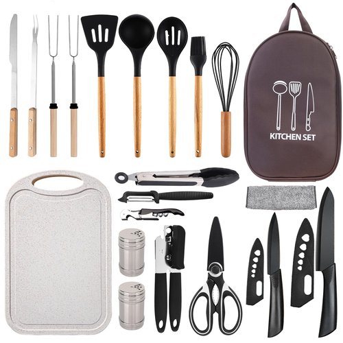 Pansyling Silicone Camping Cooking Set with Storage Bag, RV Camping Must Haves Car Camping Essentials Camper Accessories, Camping Kitchen Cooking Utensil for Picnic Hiking Travel