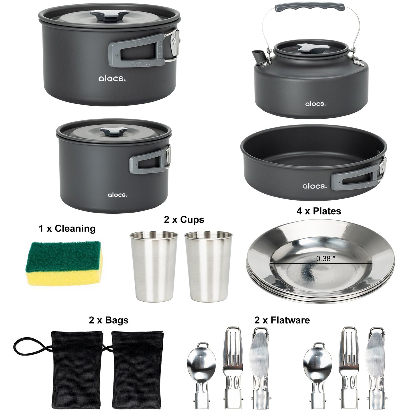 Alocs 17pcs Camping Cookware Set - Lightweight Camping Cookware Mess Kit for 2 - Portable Outdoor Cookware with Kettle - Camping Pots and Pans Set with Stainless Steel Cups Plates Forks Knives Spoons