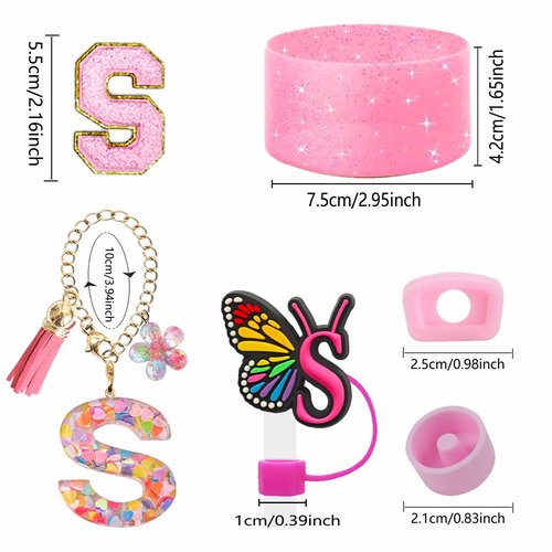 Stanley Cup Accessories Set of 6 PCS, Pink Glitter Letter Theme with Keychain, Butterfly Straw Topper, Silicone Boot, Patch & Cup Decor Kit,Water Bottle Carrier Set (Tumbler Not Included)