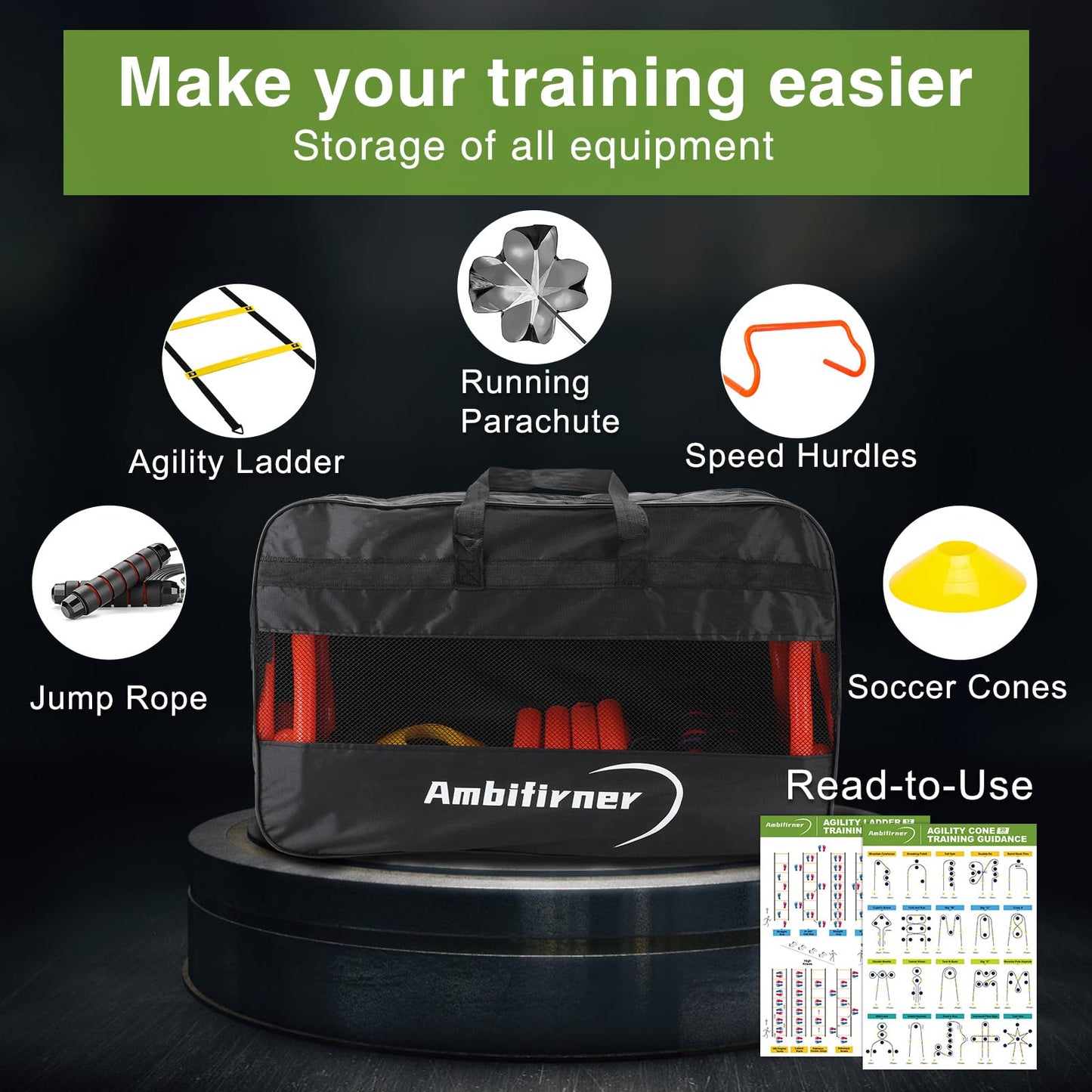 Ambifirner Agility Ladder Training Equipment Set - Agility Ladder(12 Rungs/20ft), 4 Speed Hurdles, 12 Training Cones, Jump Rope, Parachute for Speed/Soccer/Football Training with Carry Bag