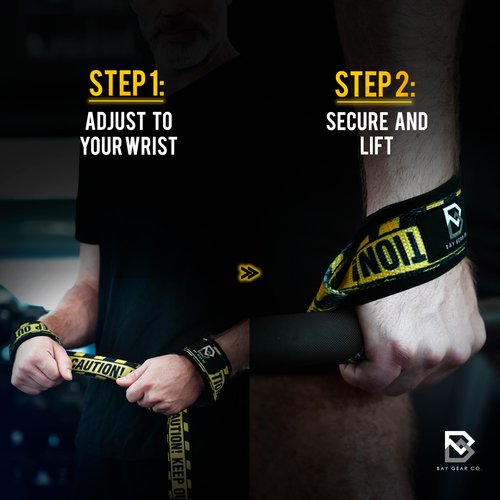 BAY GEAR CO. Wrist Straps for Weightlifting - 1 Pair Cotton Lifting Straps with Neoprene Padding, Comfortable Gym Essentials for Enhanced Grip Strength - Unique Printed Caution Design