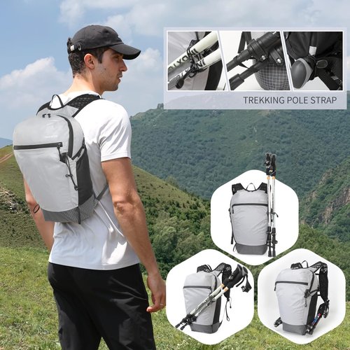 IX INOXTO Foldable Hydration Backpack with Two 500ML Flasks, 15L Lightweight Hiking Daypack, Waterproof Hydration Packs for Men and Women, Outdoor Hiking Travel and Running (Grey)