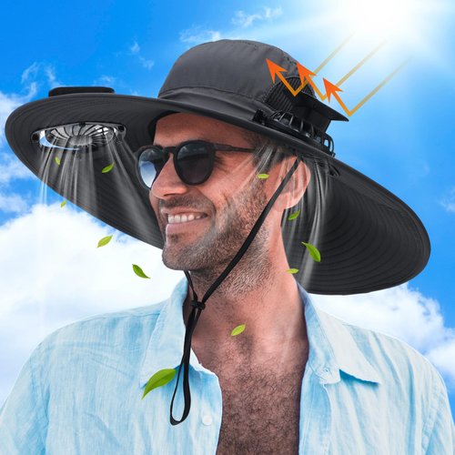 Berlune Men Sun Hat with 2 Solar Fan Fishing Wide Brim Sun Hat for Beach Outdoor Summer Camping, USB & Solar Powered(Dark Gray,Simple)