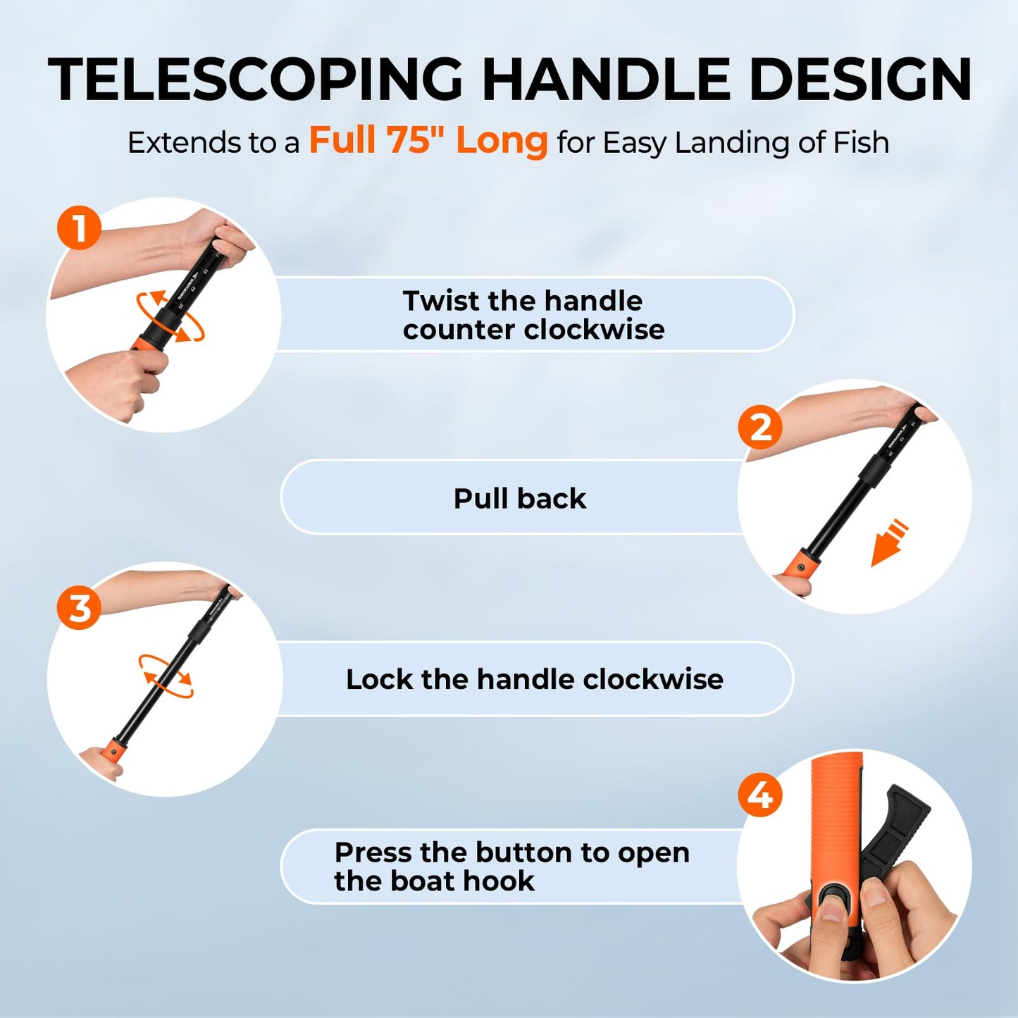 KastKing Brutus Fishing Net with Boat Hook, Foldable, Extendable, Lightweight & Strong Fish Landing Net, Non-Slip & Bright Orange TPR Handle, Fishing Gift for Men