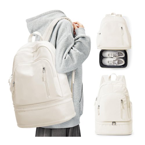 BJLFS Gym Backpack for Women Foldable Outdoor Weekender Gym Bag with Shoe Compartment & Wet Pocket, Waterproof Sports Backpack, Dance Back Pack & Yoga Track Bag-Beige