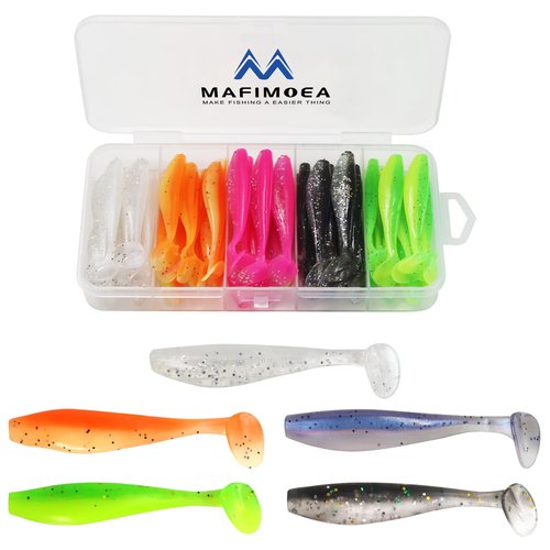 MAFIMOEA 50 Pcs Soft Fishing Lures Plastic Paddle Tail Swim Baits Kit for Bass Fishing 5 Mixed Colors Fishing Gear and Equipment (Mixed Colors)